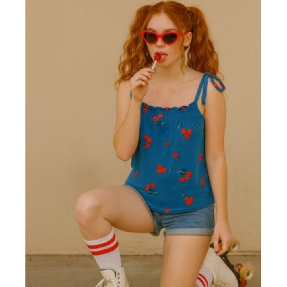 Modcloth Tank Top Womens Medium Blue Cherry Bomb Print Coquette 90 Kidcore Retro